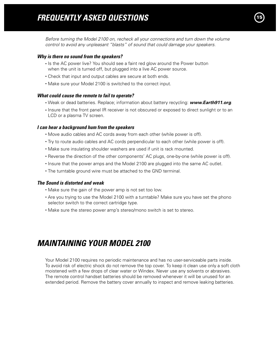 Frequently asked questions, Maintaining your model 2100 | Parasound NEW CLASSIC 2100 User Manual | Page 15 / 20
