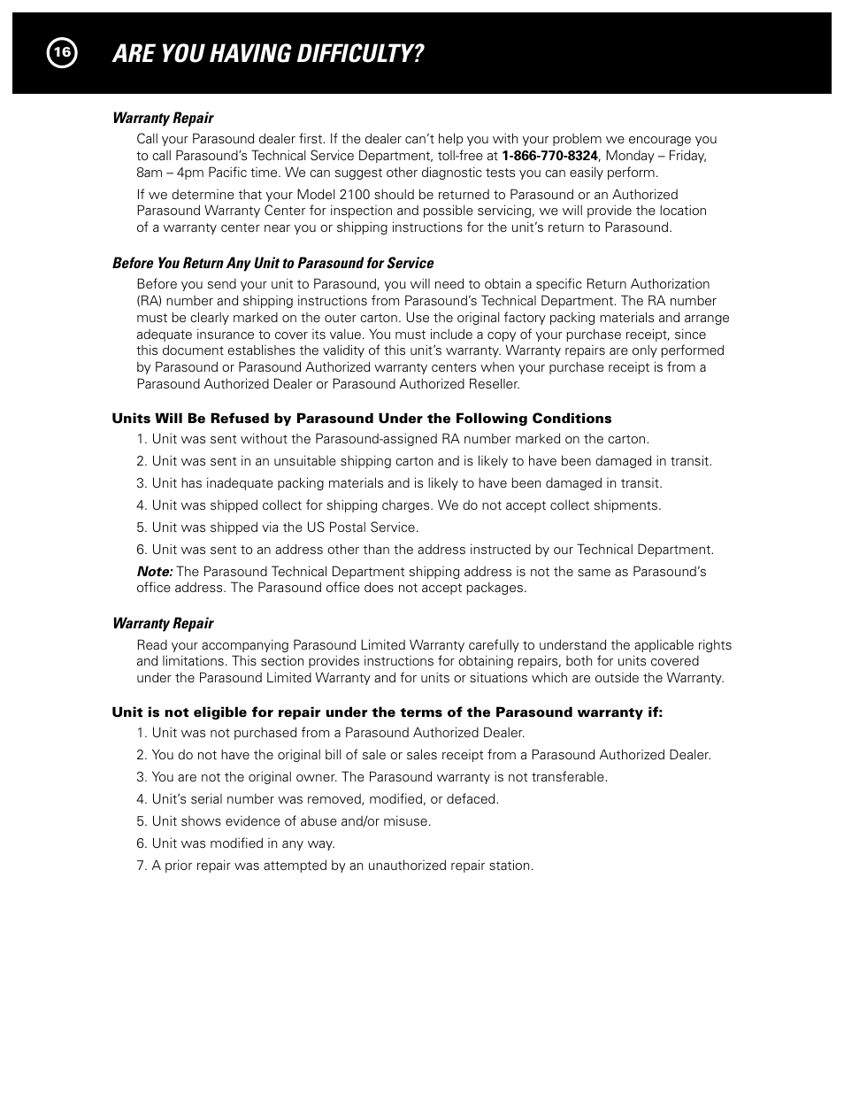 Are you having difficulty | Parasound NEW CLASSIC 2100 User Manual | Page 16 / 20