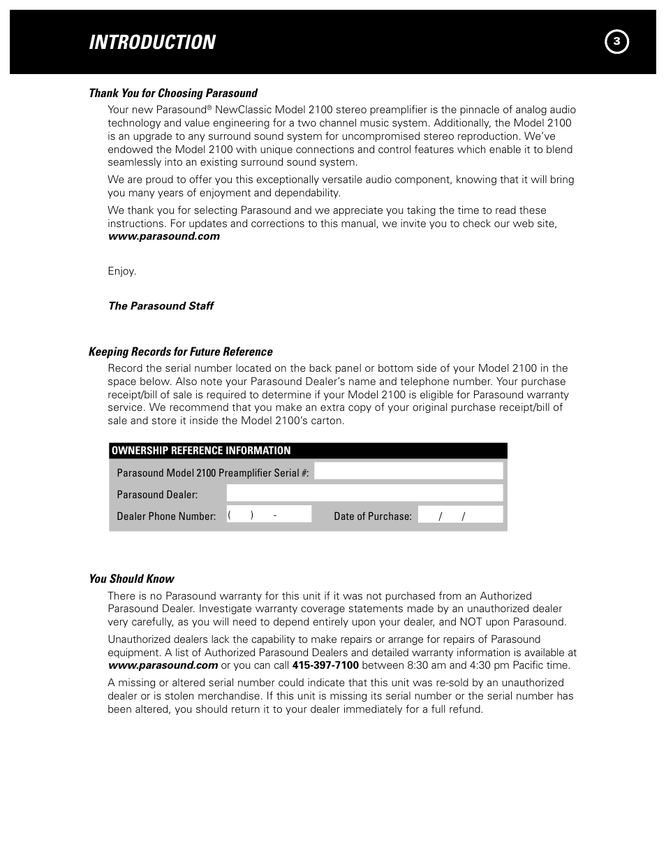 Introduction | Parasound NEW CLASSIC 2100 User Manual | Page 3 / 20