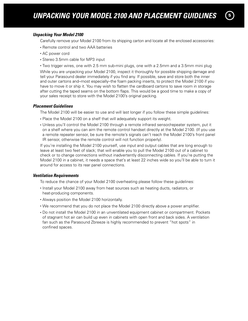 Unpacking your model 2100 and placement guidlines | Parasound NEW CLASSIC 2100 User Manual | Page 5 / 20