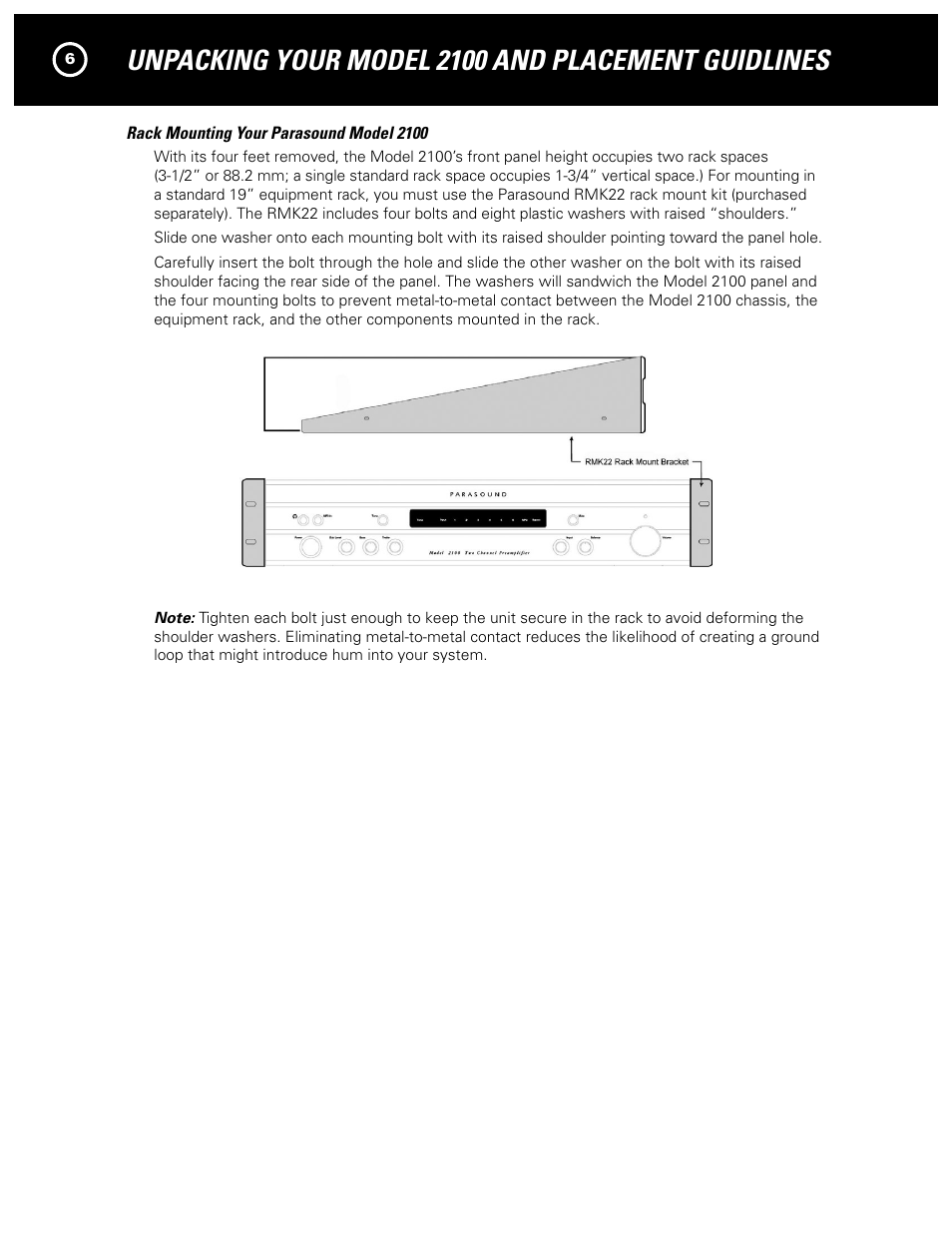 Unpacking your model 2100 and placement guidlines | Parasound NEW CLASSIC 2100 User Manual | Page 6 / 20