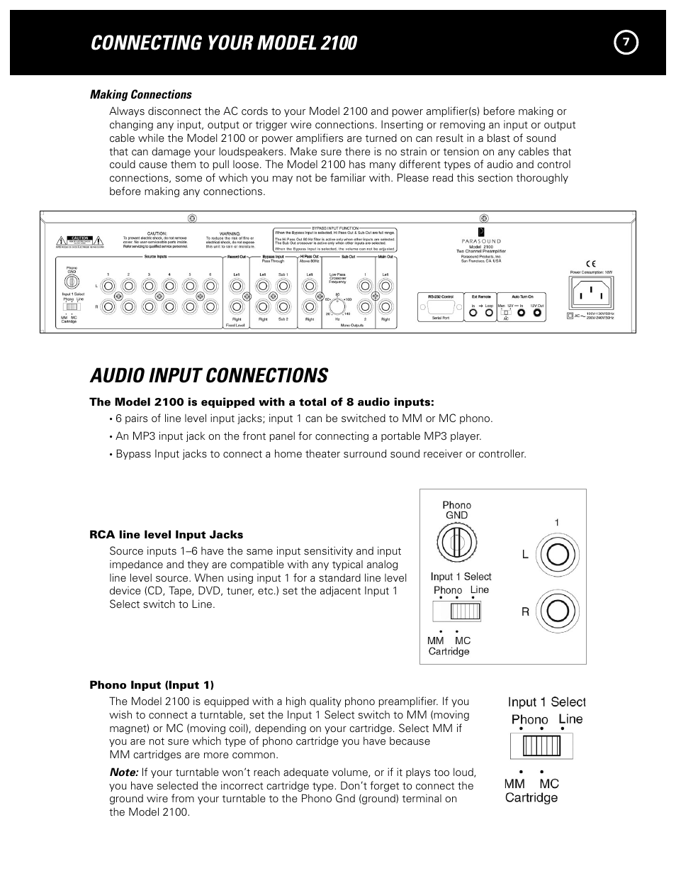 Connecting your model 2100, Audio input connections | Parasound NEW CLASSIC 2100 User Manual | Page 7 / 20