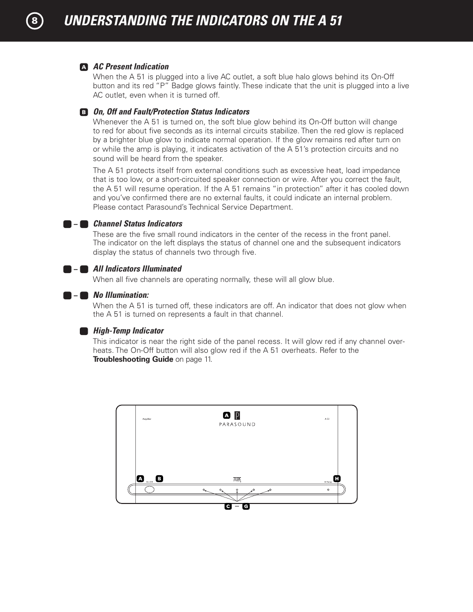 Understanding the indicators on the a 51 | Parasound A 51 User Manual | Page 10 / 20