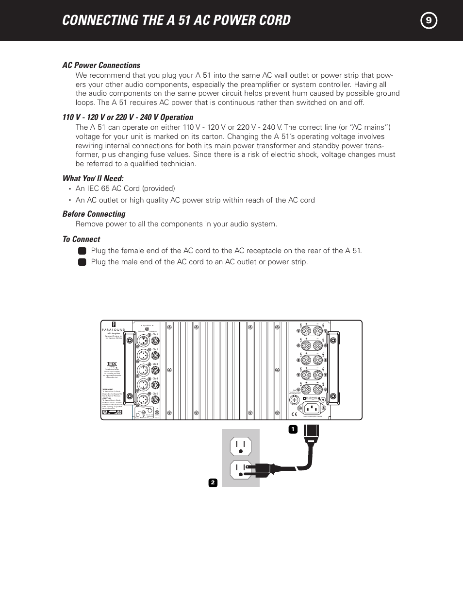 Connecting the a 51 ac power cord, Ac power connections, What you | Ll need, Before connecting, An iec 65 ac cord (provided) | Parasound A 51 User Manual | Page 11 / 20