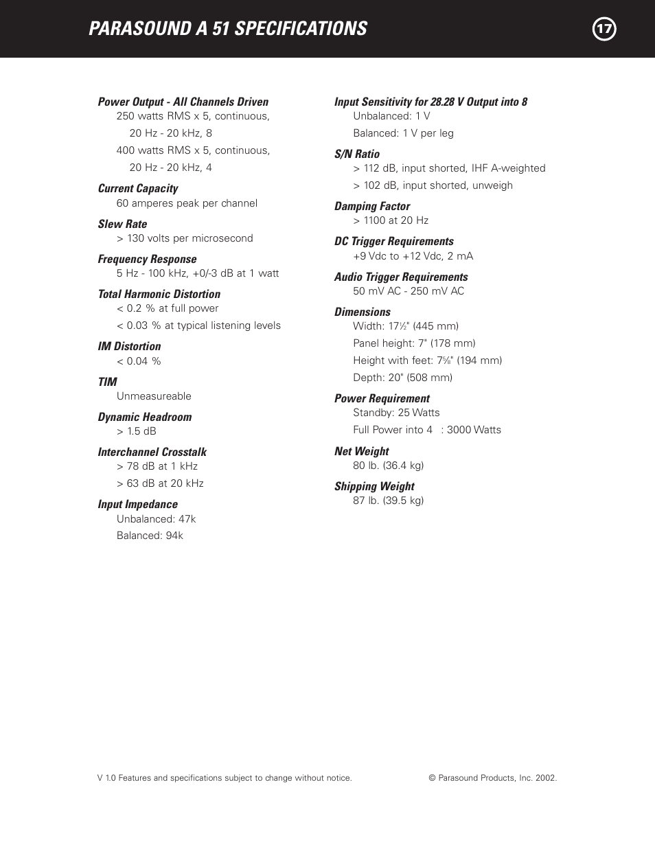 Parasound a 51 specifications | Parasound A 51 User Manual | Page 19 / 20