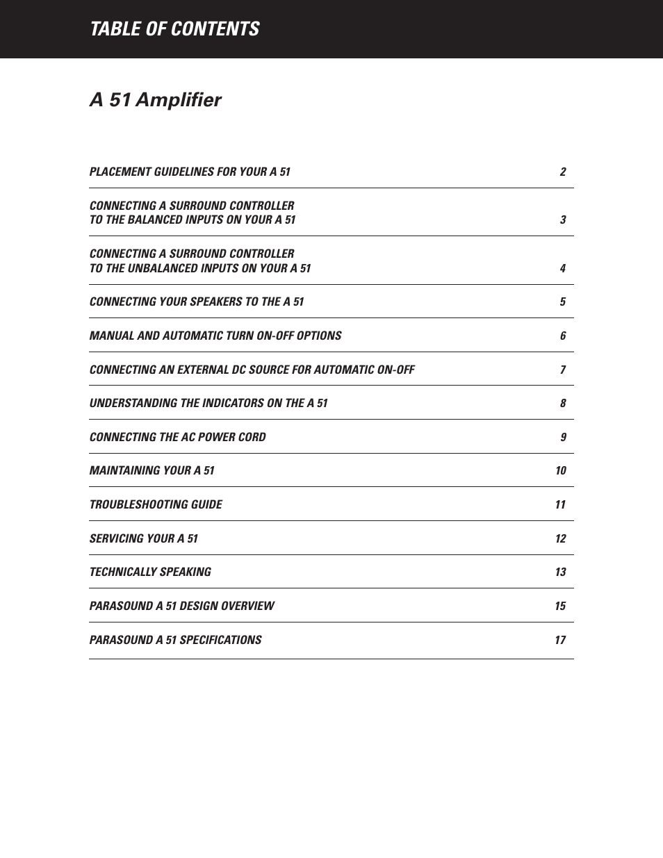 Table of contents a 51 amplifier | Parasound A 51 User Manual | Page 3 / 20