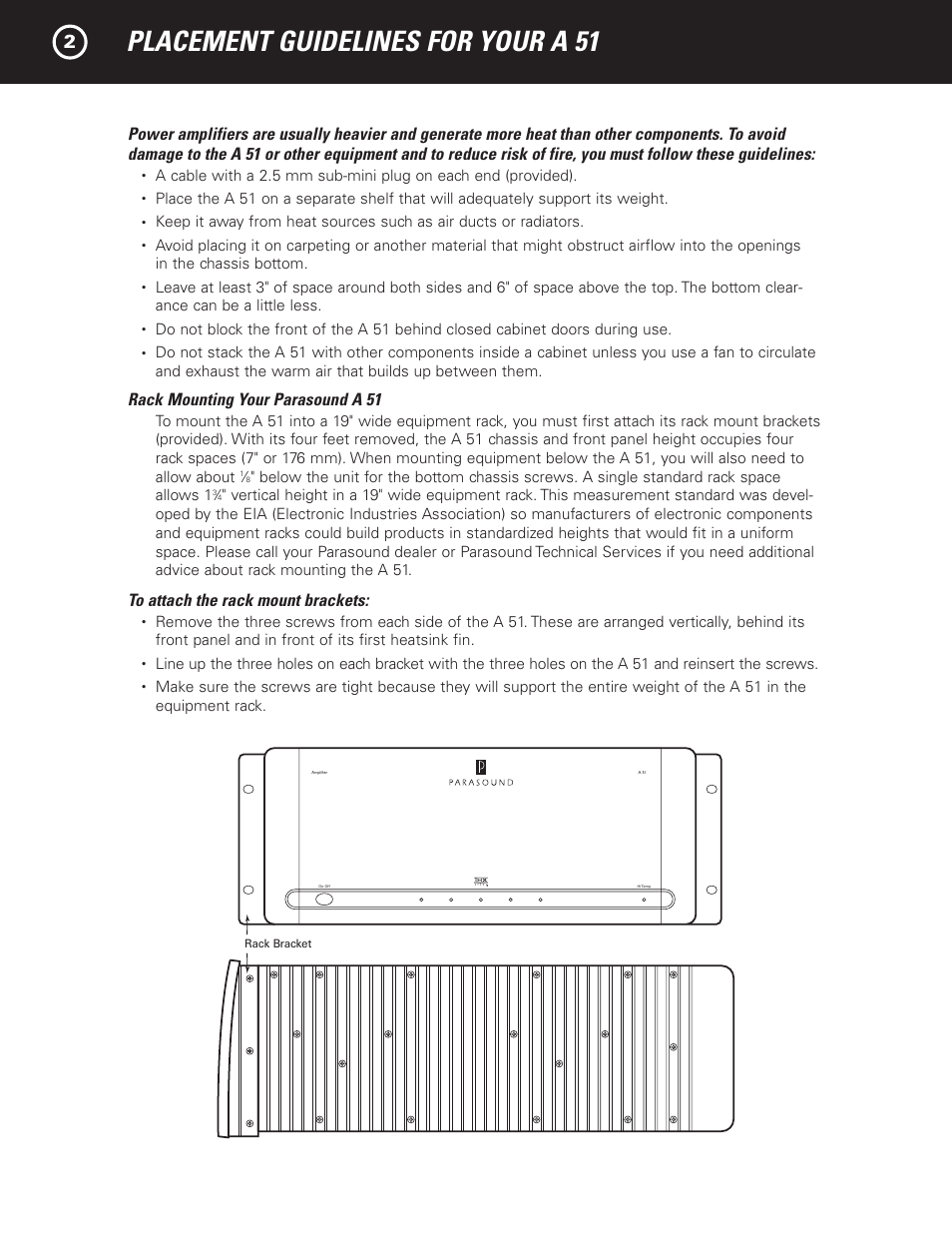 Placement guidelines for your a 51, Rack mounting your parasound a 51 | Parasound A 51 User Manual | Page 4 / 20