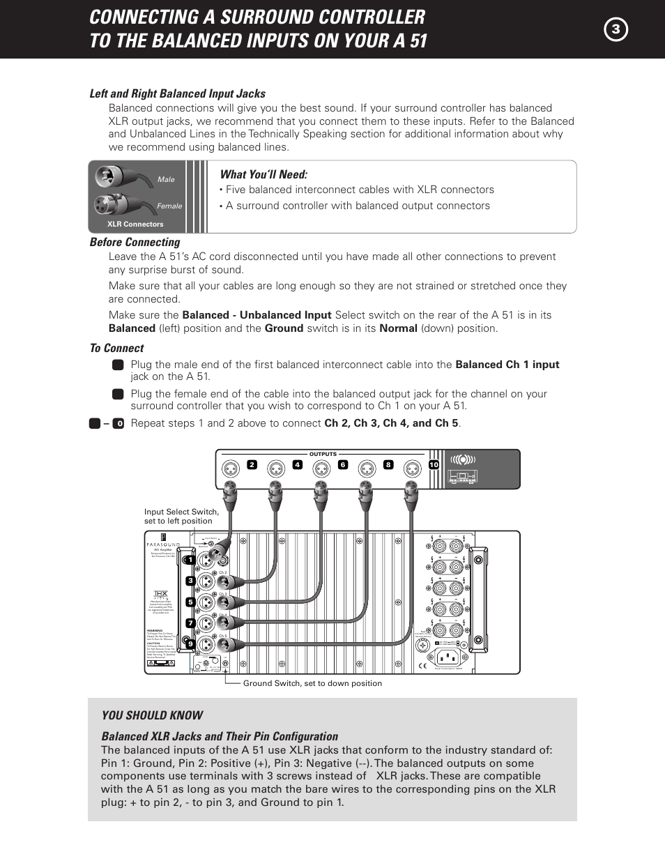 Left and right balanced input jacks, What you’ll need, Before connecting | Parasound A 51 User Manual | Page 5 / 20