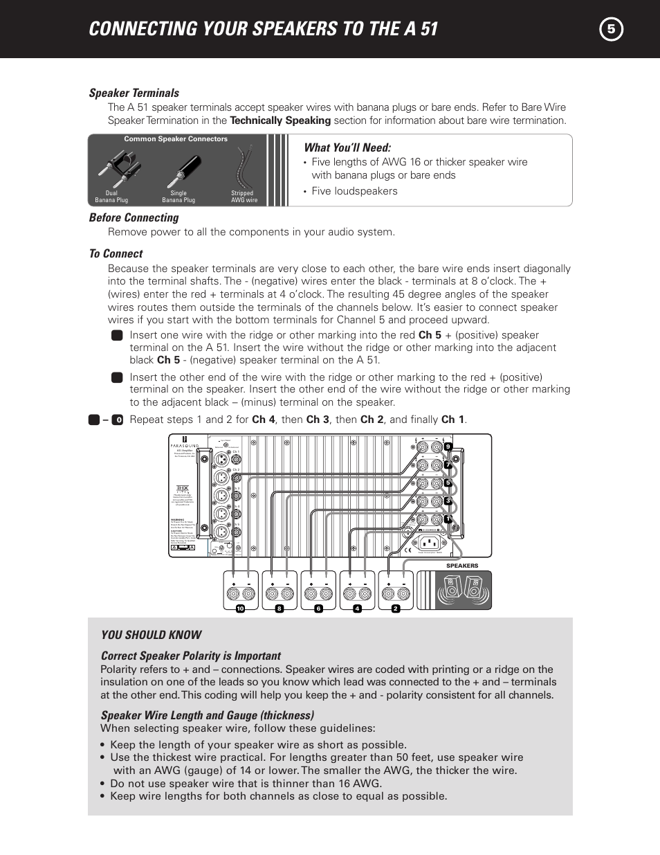 Connecting your speakers to the a 51, Speaker terminals, What you’ll need | Before connecting, Speaker wire length and gauge (thickness), Five loudspeakers | Parasound A 51 User Manual | Page 7 / 20