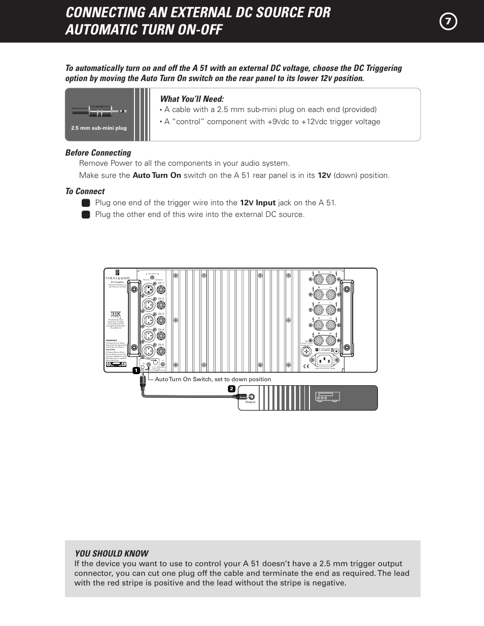 Position. what you’ll need, Before connecting, You should know | A “control” component with +9, Dc to +12, Dc trigger voltage, Down) position, 1 plug one end of the trigger wire into the 12 | Parasound A 51 User Manual | Page 9 / 20