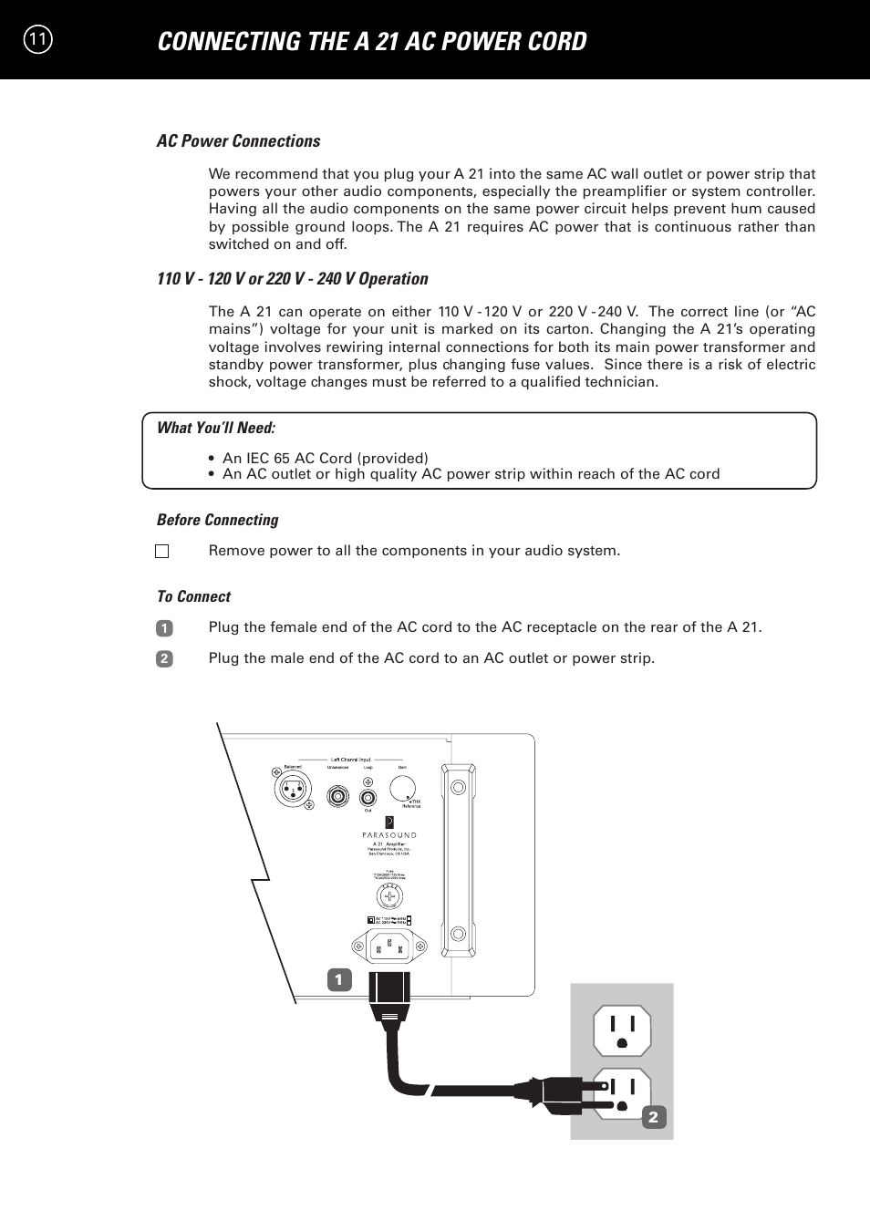 Connecting the a 21 ac power cord | Parasound A 21 User Manual | Page 14 / 23
