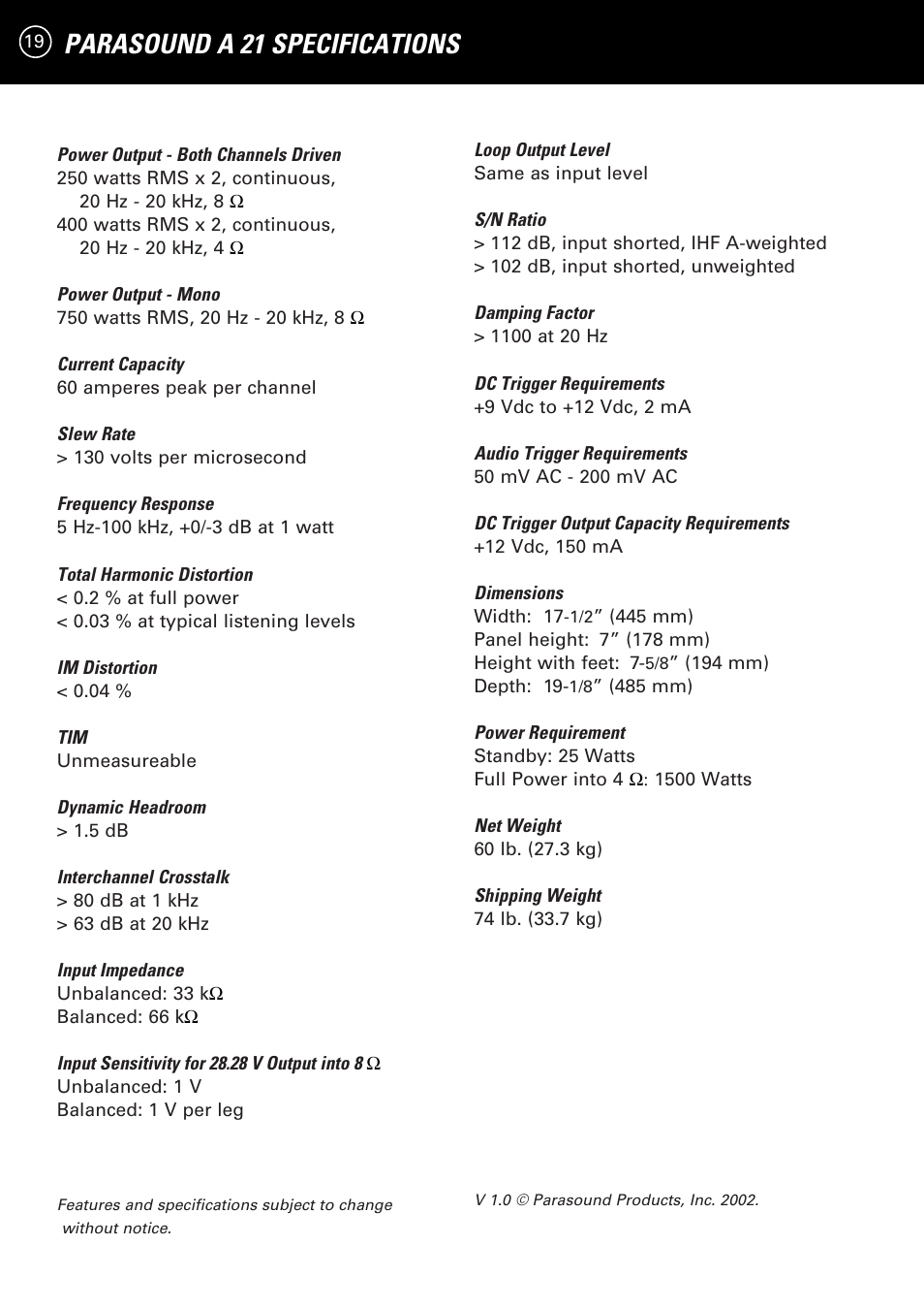 Parasound a 21 specifications | Parasound A 21 User Manual | Page 22 / 23