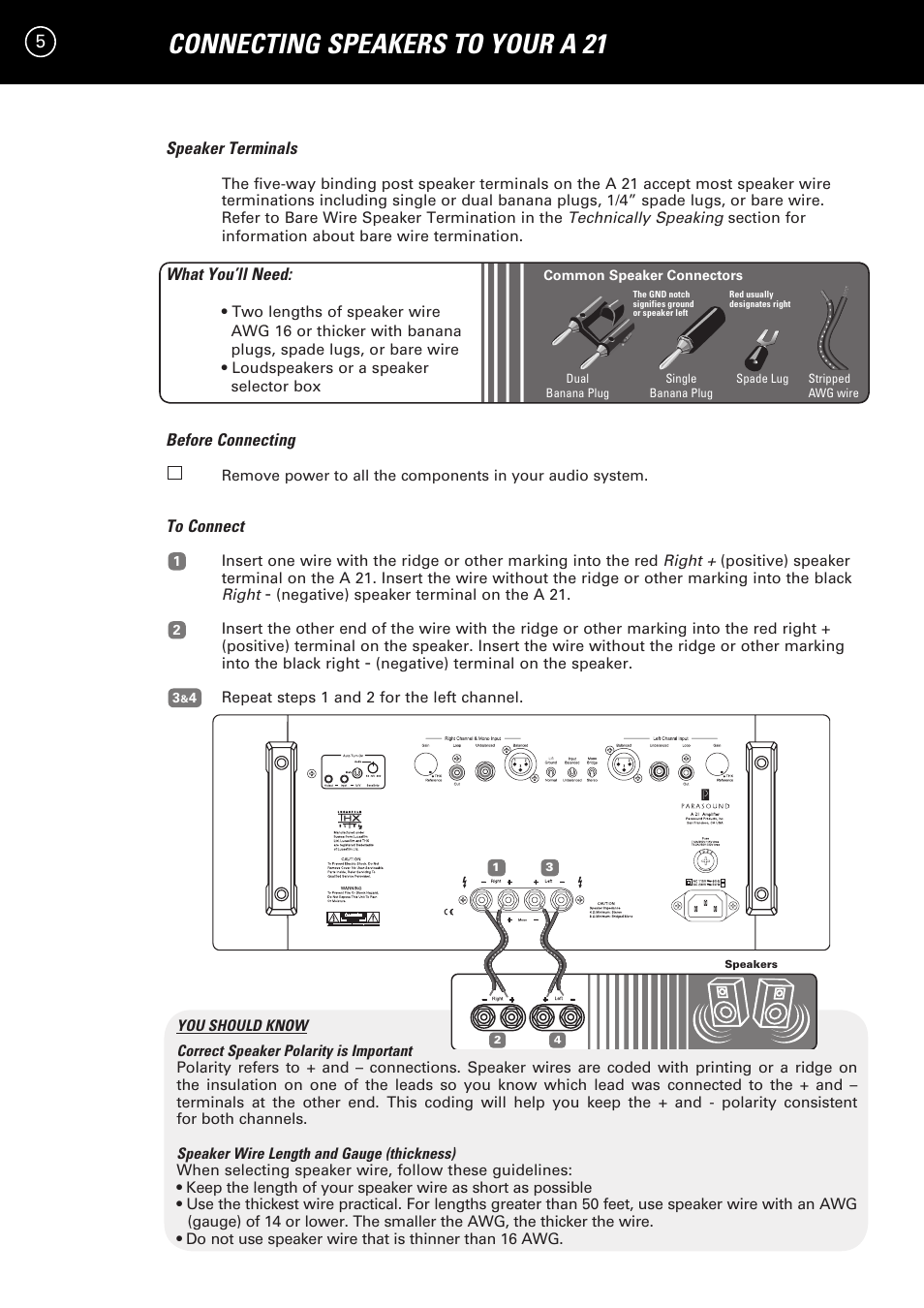 Connecting speakers to your a 21 | Parasound A 21 User Manual | Page 8 / 23