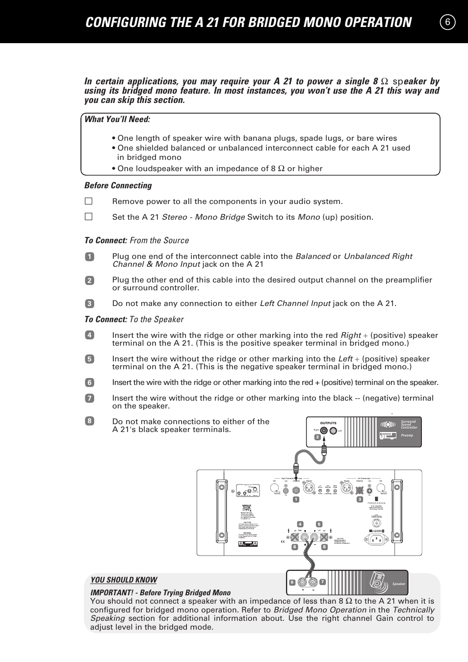 Configuring the a 21 for bridged mono operation | Parasound A 21 User Manual | Page 9 / 23