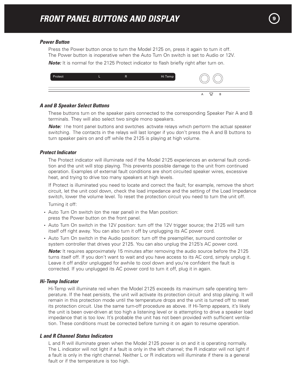 Front panel buttons and display | Parasound NewClassic Model 2125 User Manual | Page 11 / 16