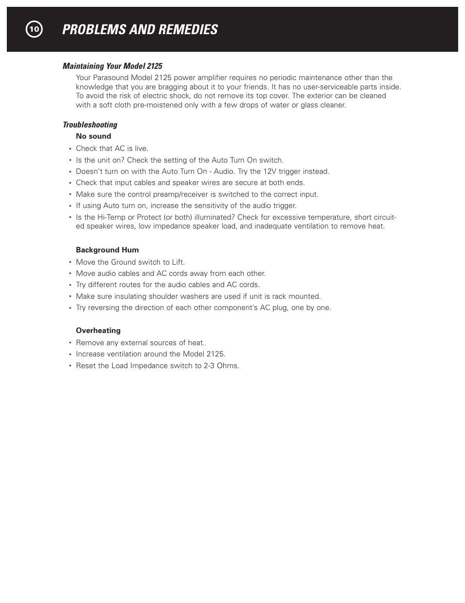 Problems and remedies, Maintaining your model 2125, Troubleshooting | Parasound NewClassic Model 2125 User Manual | Page 12 / 16
