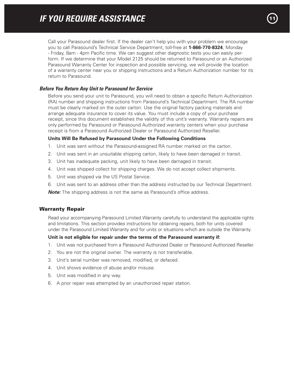 If you require assistance | Parasound NewClassic Model 2125 User Manual | Page 13 / 16
