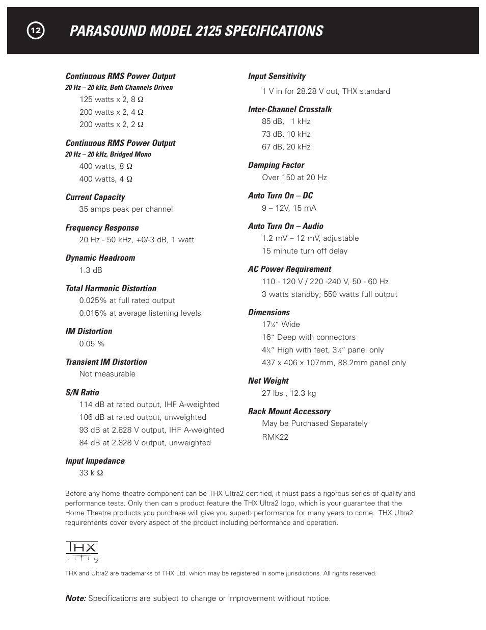Parasound model 2125 specifications | Parasound NewClassic Model 2125 User Manual | Page 14 / 16
