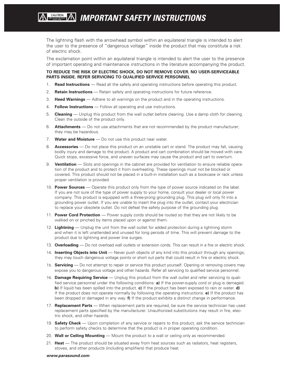 Important safety instructions | Parasound NewClassic Model 2125 User Manual | Page 2 / 16