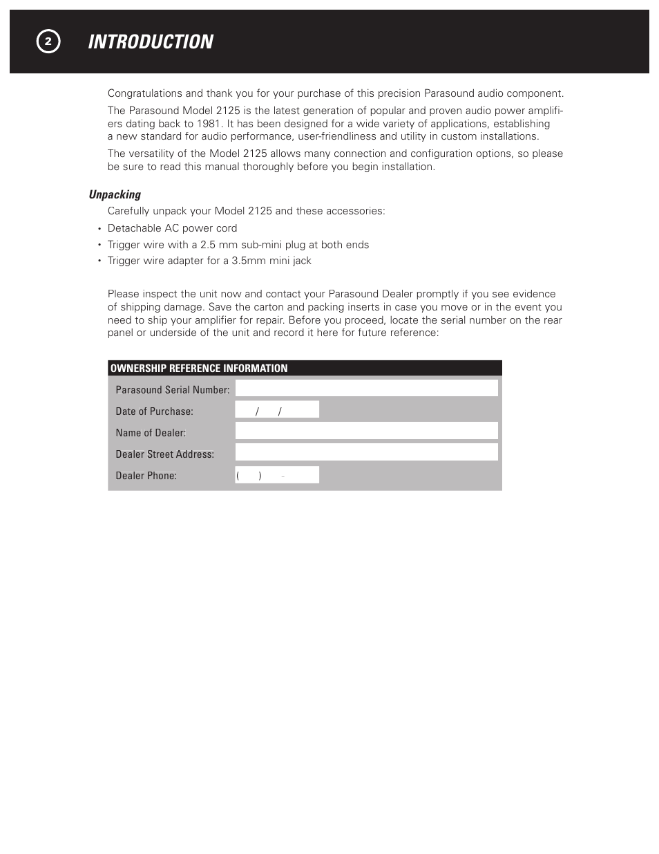 Introduction | Parasound NewClassic Model 2125 User Manual | Page 4 / 16