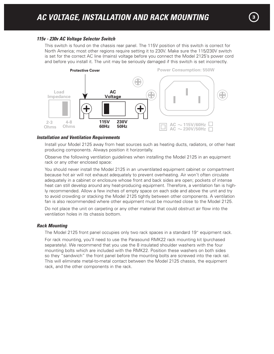 Ac voltage, installation and rack mounting, Caution, Warning | 2125 two channel amplifier | Parasound NewClassic Model 2125 User Manual | Page 5 / 16