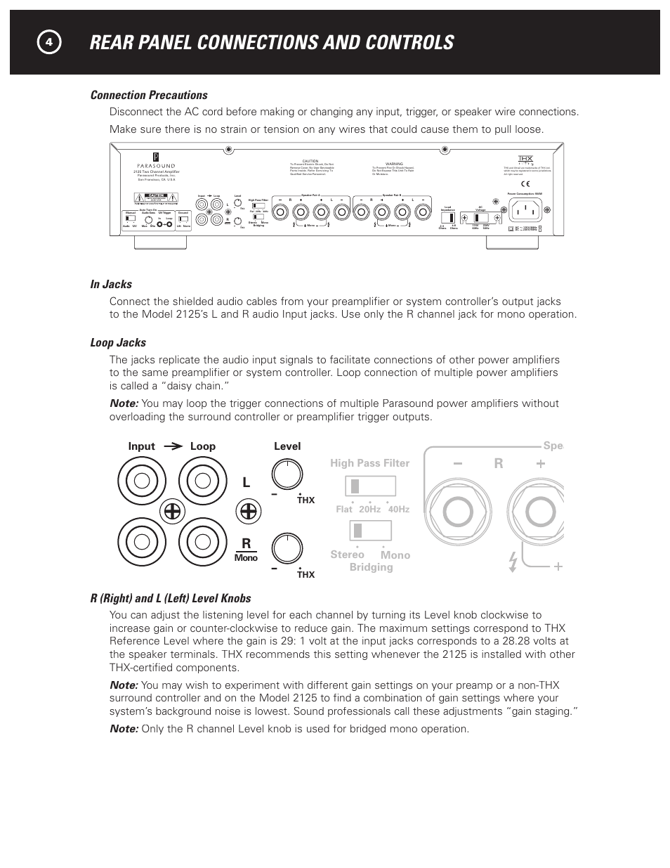 Rear panel connections and controls, Caution, Warning | 2125 two channel amplifier, Connection precautions, Loop jacks, R (right) and l (left) level knobs, Parasound products, inc. san francisco, ca u s a, Speaker pair a, High pass filter speaker pair b | Parasound NewClassic Model 2125 User Manual | Page 6 / 16