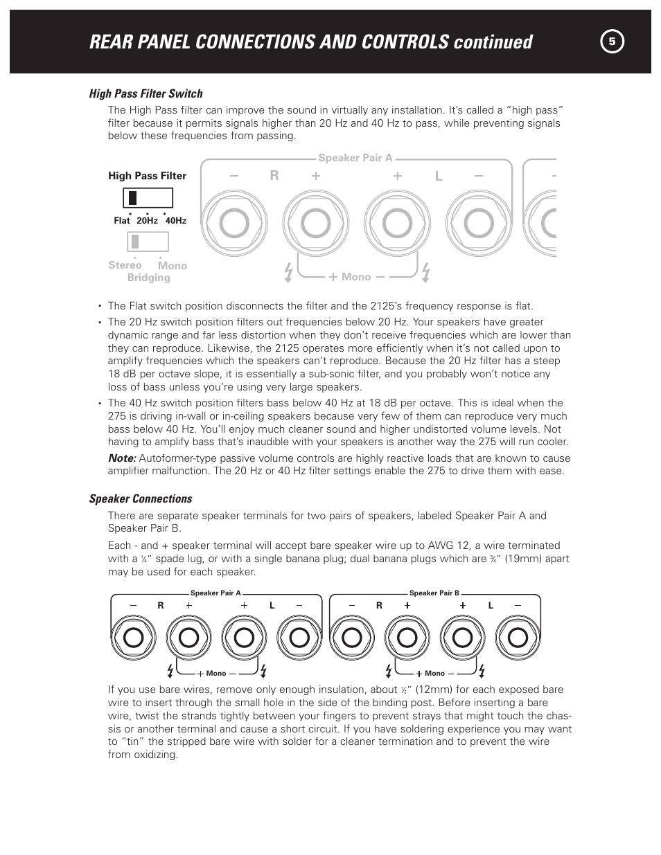 Rear panel connections and controls continued, Caution, Warning | 2125 two channel amplifier, High pass filter switch, Speaker connections, Parasound products, inc. san francisco, ca u s a | Parasound NewClassic Model 2125 User Manual | Page 7 / 16