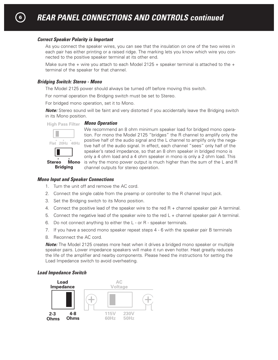 Rear panel connections and controls continued, Caution, Warning | 2125 two channel amplifier | Parasound NewClassic Model 2125 User Manual | Page 8 / 16
