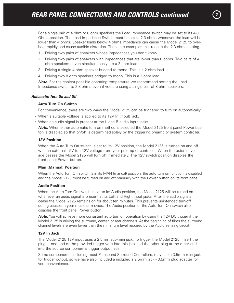 Rear panel connections and controls continued | Parasound NewClassic Model 2125 User Manual | Page 9 / 16