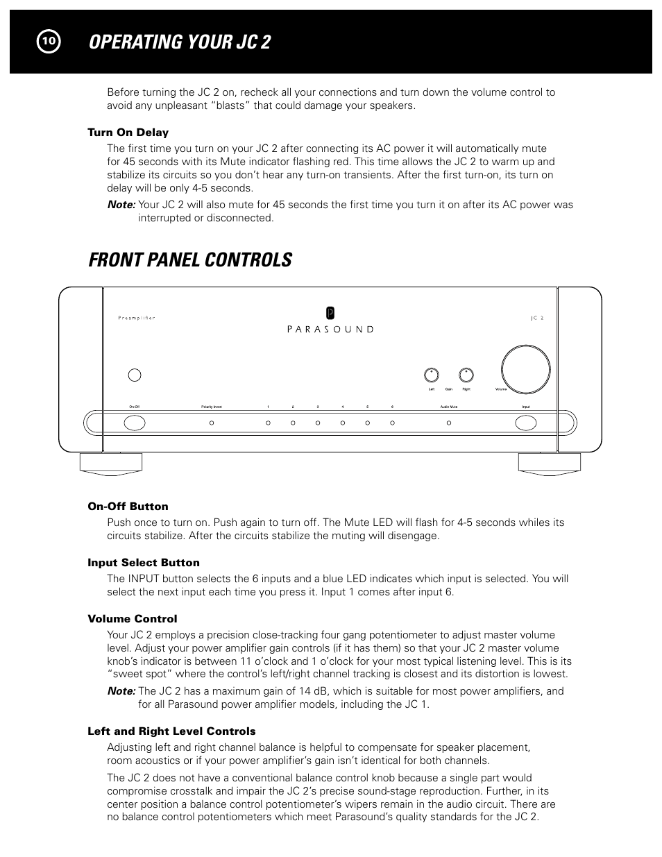 Operating your jc 2, Front panel controls | Parasound JC 2 User Manual | Page 10 / 16