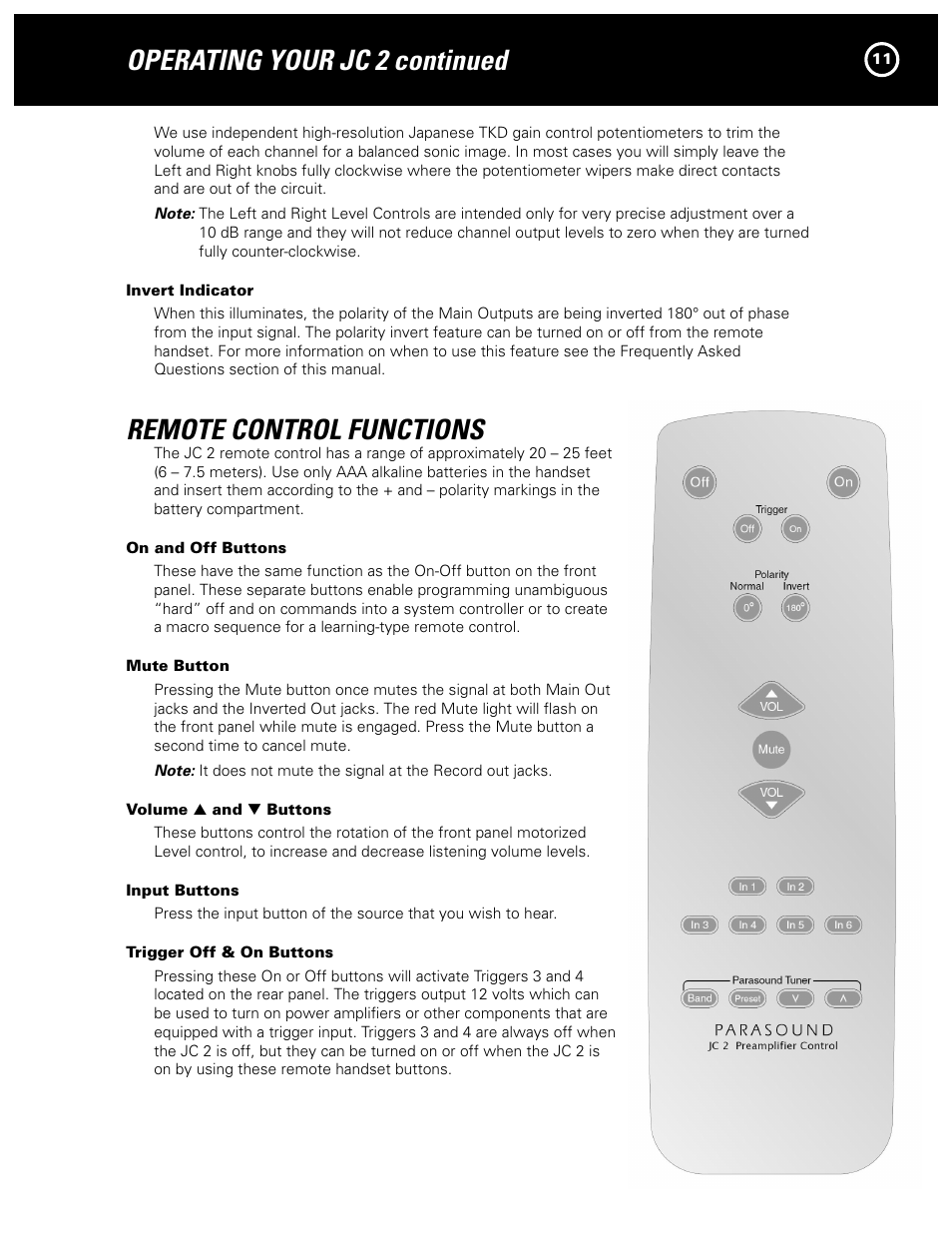 Operating your jc 2 continued, Remote control functions | Parasound JC 2 User Manual | Page 11 / 16