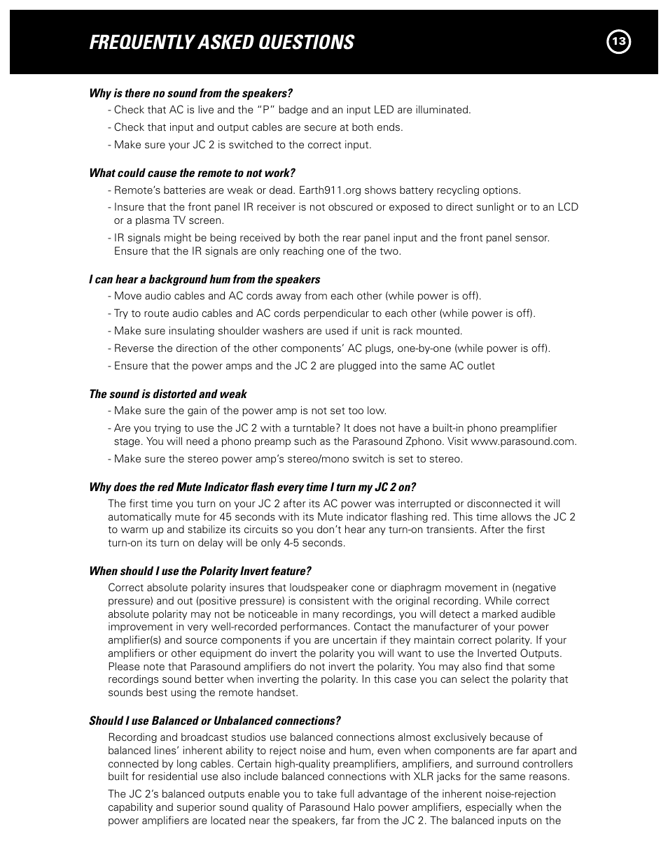 Frequently asked questions | Parasound JC 2 User Manual | Page 13 / 16