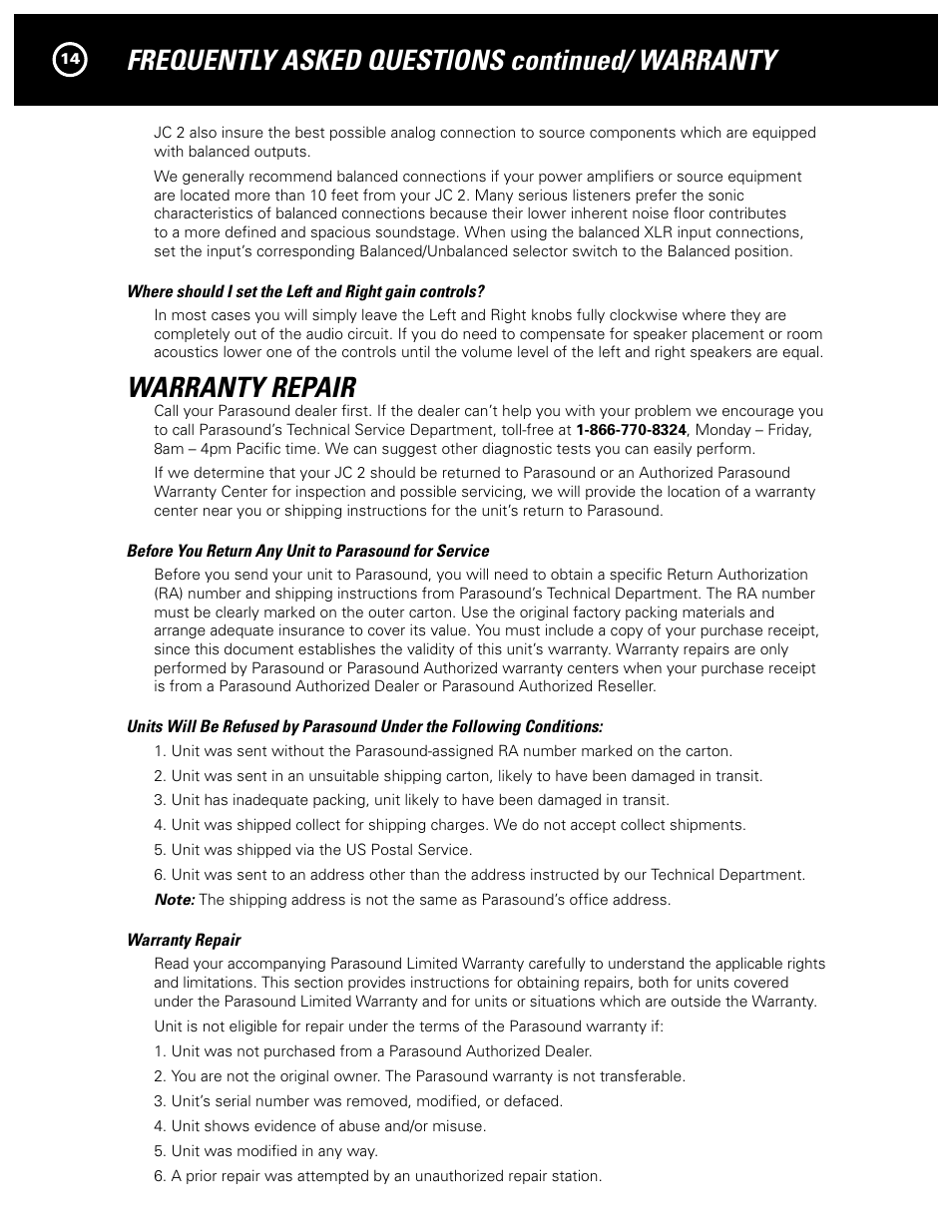 Warranty repair, Frequently asked questions continued/ warranty | Parasound JC 2 User Manual | Page 14 / 16