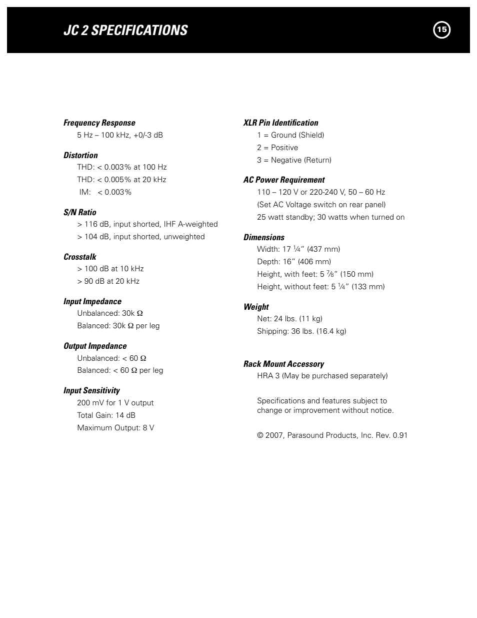 Jc 2 specifications | Parasound JC 2 User Manual | Page 15 / 16