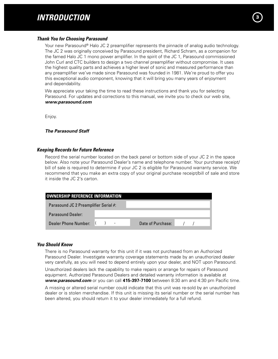 Introduction | Parasound JC 2 User Manual | Page 3 / 16