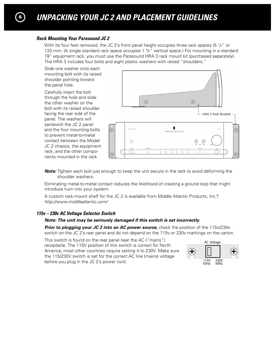 Unpacking your jc 2 and placement guidelines | Parasound JC 2 User Manual | Page 6 / 16