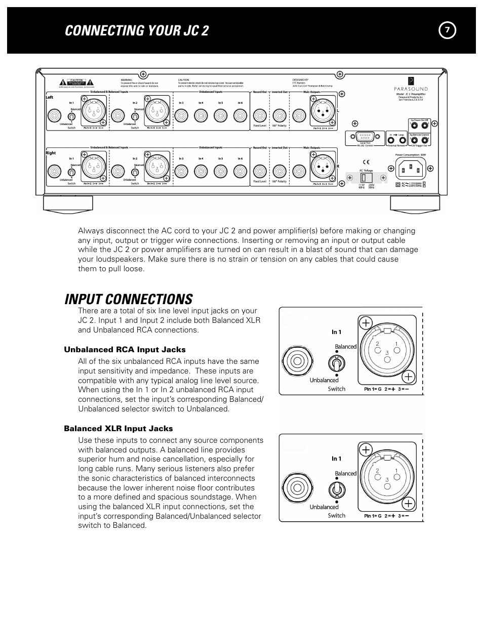 Connecting your jc 2, Input connections | Parasound JC 2 User Manual | Page 7 / 16