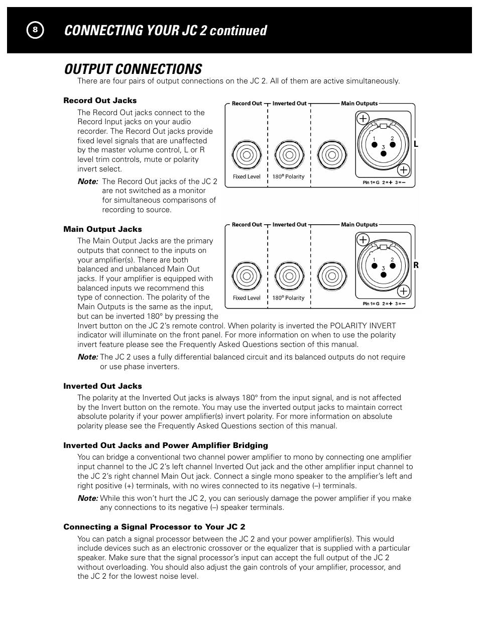 Connecting your jc 2 continued output connections | Parasound JC 2 User Manual | Page 8 / 16