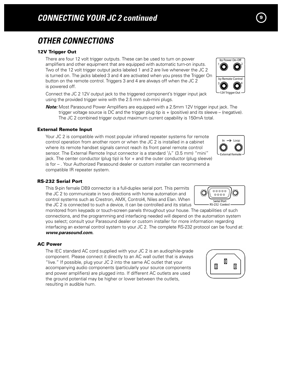 Connecting your jc 2 continued other connections | Parasound JC 2 User Manual | Page 9 / 16
