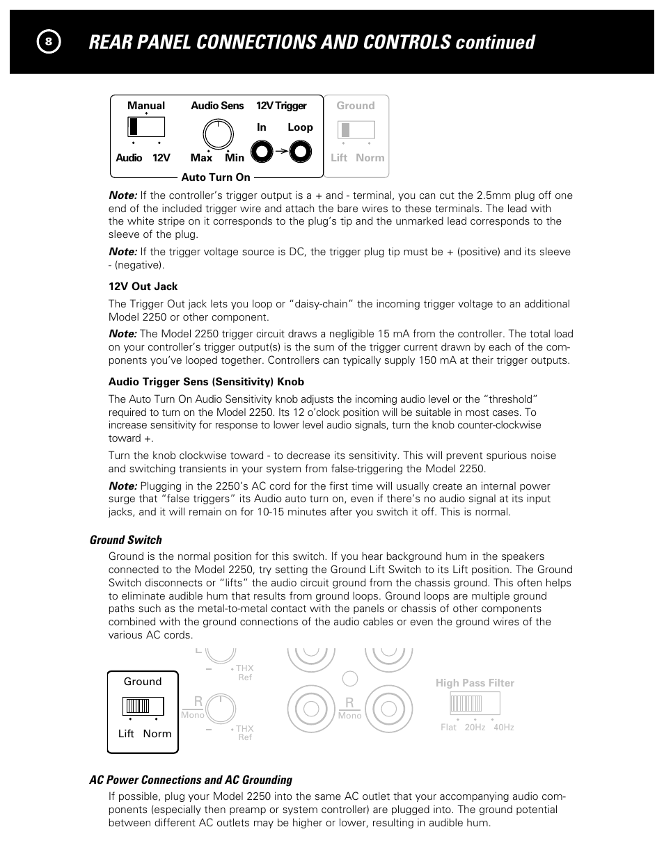 Rear panel connections and controls continued, Caution, Warning | 2250 two channel amplifier, Lr l | Parasound NewClassic Model 2250 User Manual | Page 10 / 16
