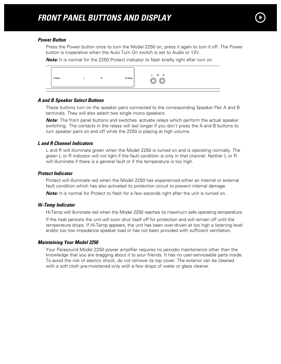 Front panel buttons and display | Parasound NewClassic Model 2250 User Manual | Page 11 / 16