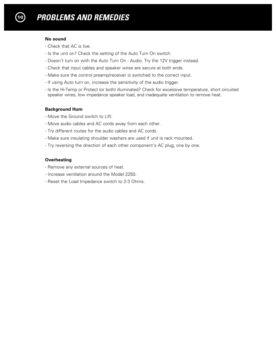 Problems and remedies | Parasound NewClassic Model 2250 User Manual | Page 12 / 16