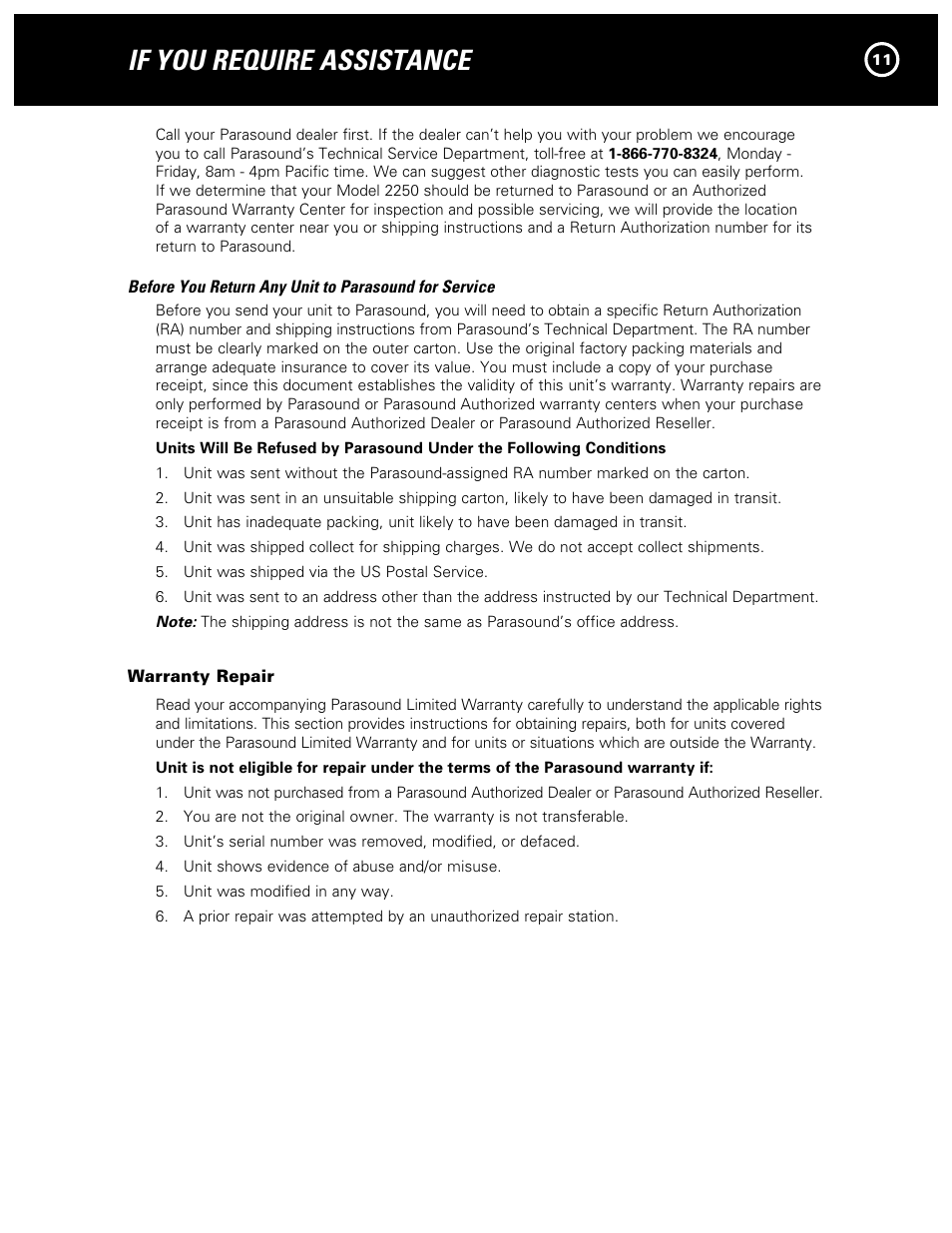 If you require assistance | Parasound NewClassic Model 2250 User Manual | Page 13 / 16