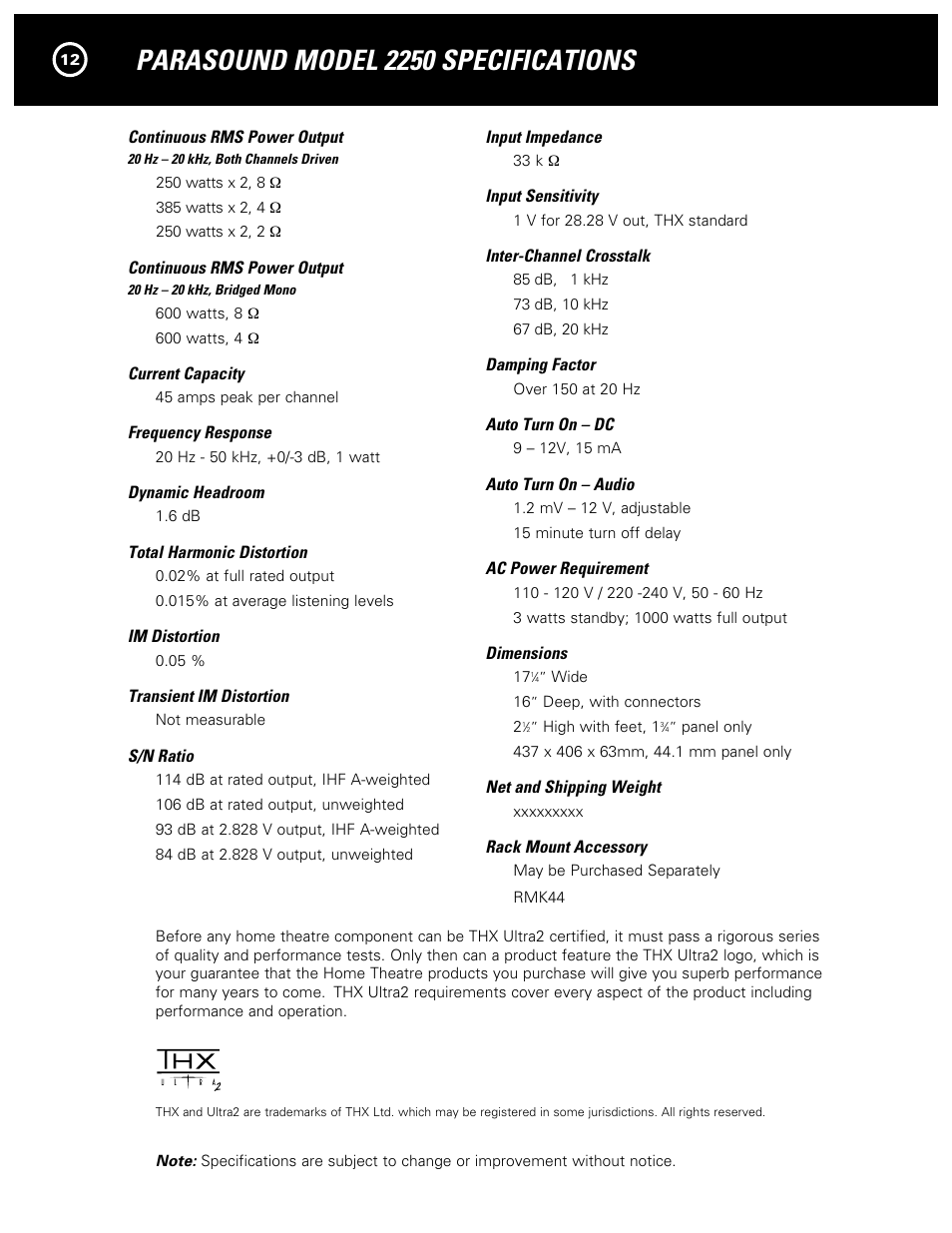 Parasound model 2250 specifications | Parasound NewClassic Model 2250 User Manual | Page 14 / 16