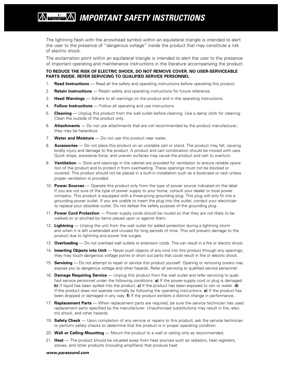Important safety instructions | Parasound NewClassic Model 2250 User Manual | Page 2 / 16