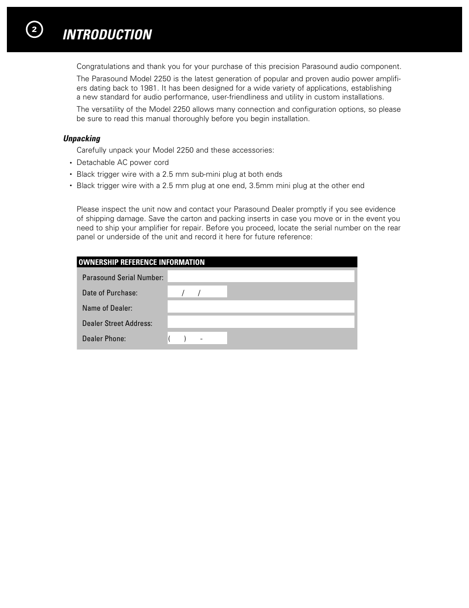Introduction | Parasound NewClassic Model 2250 User Manual | Page 4 / 16