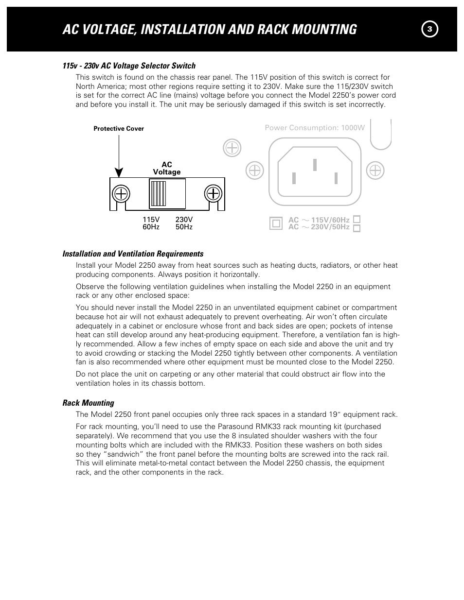 Ac voltage, installation and rack mounting, Caution, Warning | 2250 two channel amplifier, Lr l | Parasound NewClassic Model 2250 User Manual | Page 5 / 16