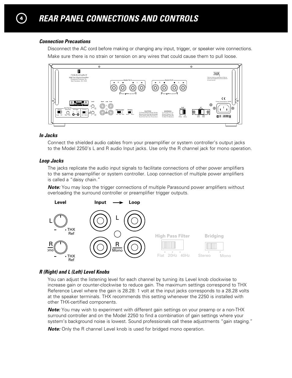 Rear panel connections and controls, Caution, Warning | 2250 two channel amplifier, Lr l, Connection precautions, Loop jacks, R (right) and l (left) level knobs, Parasound products, inc. san francisco, ca u s a, Bridging high pass filter level input loop | Parasound NewClassic Model 2250 User Manual | Page 6 / 16