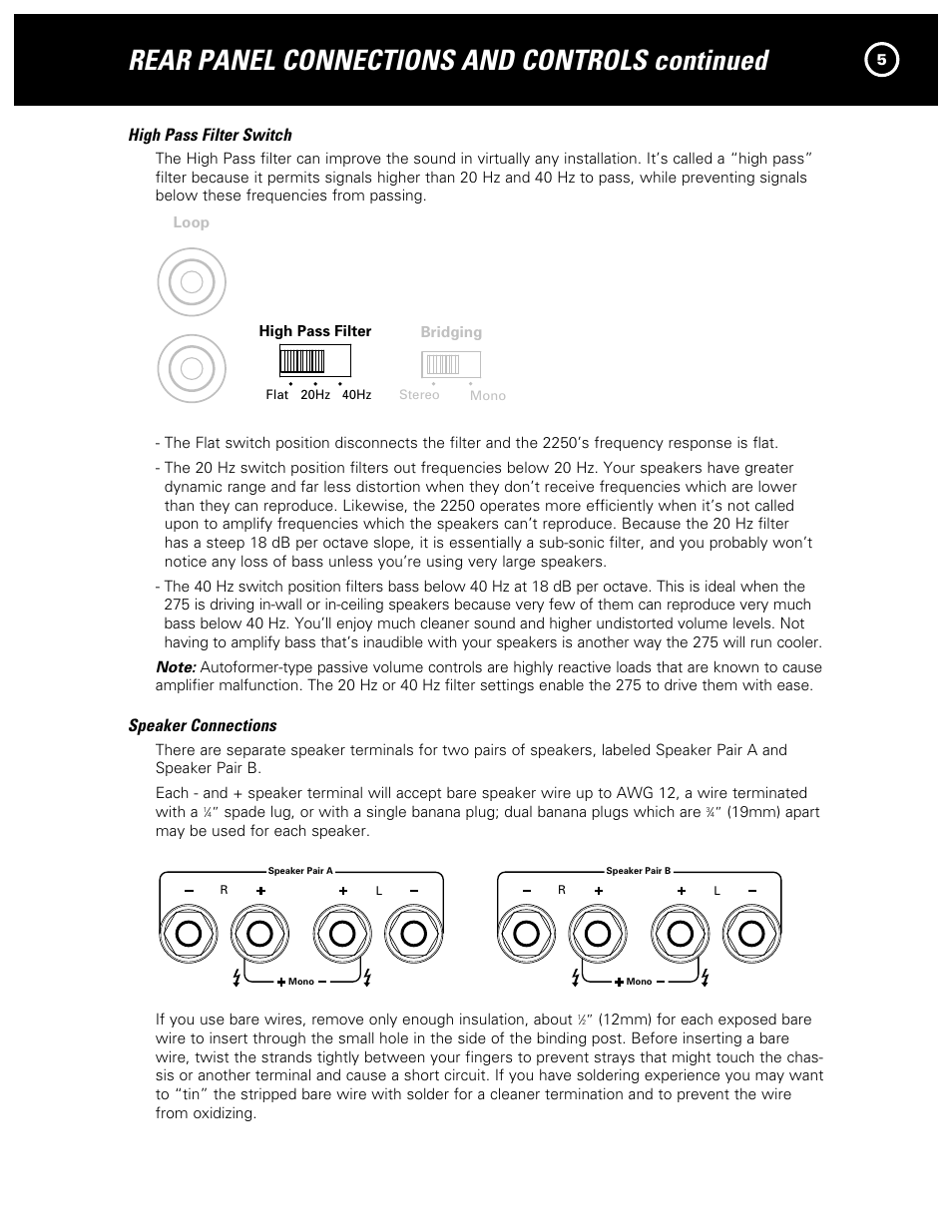 Rear panel connections and controls continued, Warning, 2250 two channel amplifier | Lr l | Parasound NewClassic Model 2250 User Manual | Page 7 / 16