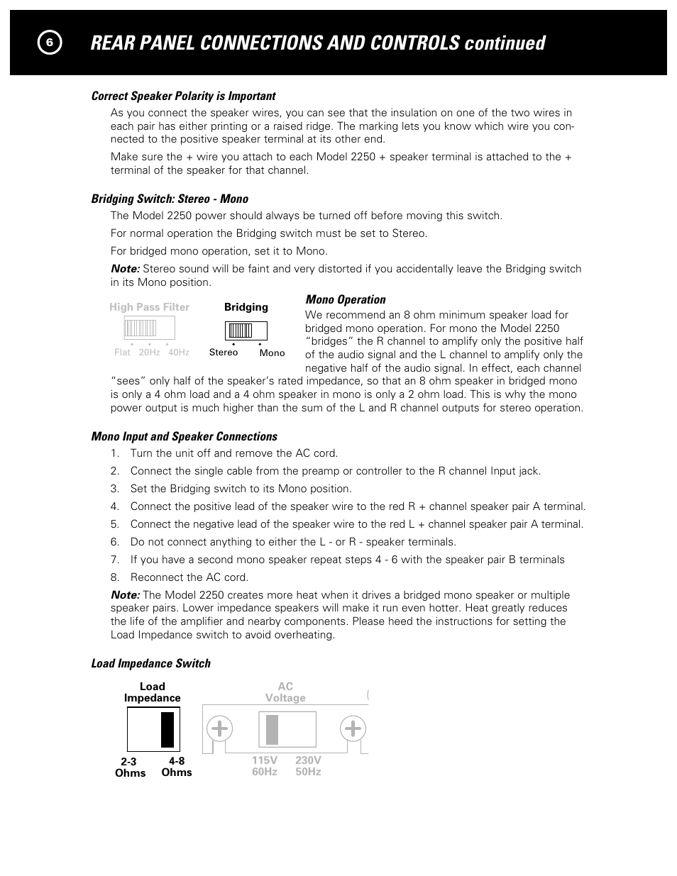 Rear panel connections and controls continued, Caution, Warning | 2250 two channel amplifier, Lr l | Parasound NewClassic Model 2250 User Manual | Page 8 / 16